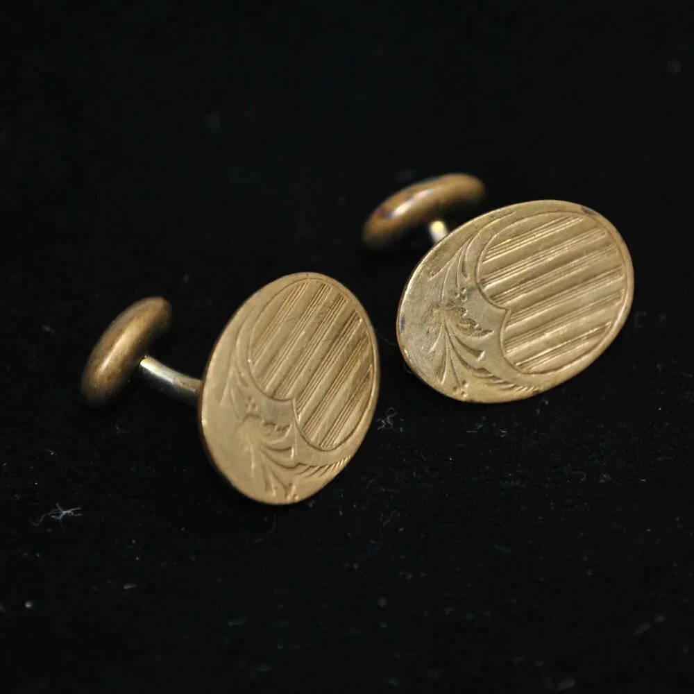 Antique Gold-filled Engraved Cufflinks with Stripes & Branch